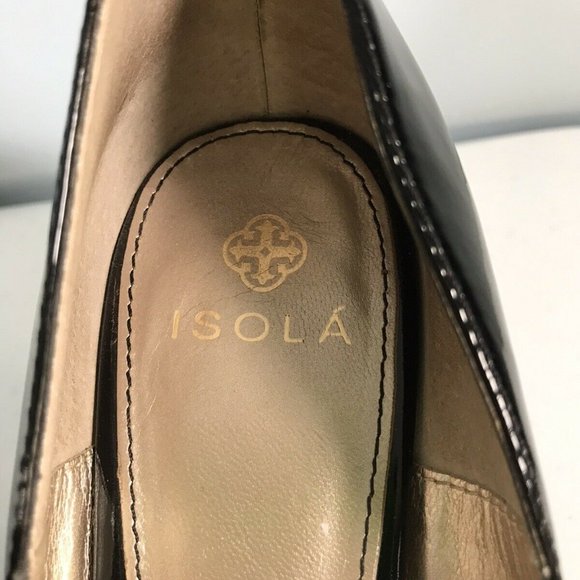 ISOLA Women's Peep Toe Black Patent Leather 3.5" Heels Size 10 Black Gold Trim - Picture 12 of 12